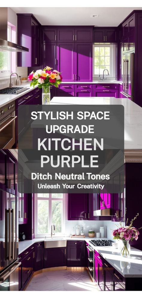 Purple kitchen designs Purple Kitchen Walls Oak Cabinets, Purple Cabinets Kitchen, Purple Kitchen Ideas, Purple Kitchen Walls, Beige Kitchens, Purple Kitchen Designs, Purple Kitchen Accessories, Purple Cabinets, Lavender Walls