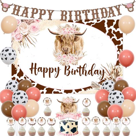 PRICES MAY VARY. Boho Highland Cow Birthday Decorations Girl: you will receive 20*12 inch latex balloons (4 white, 4 retro beige, 4 coffee, 8 retro pink), 1 “happy birthday” backdrop, 1 ”happy birthday” banner, 1 highland cow cake topper(single printed), 12 highland cow cupcake toppers. Easy Installation: Just need to fix this pink “HAPPY BIRTHDAY” backdrop and banner anywhere you want to put it, such as on a tree, door, window; place the cake topper(single printed) on your beautiful cake as a b Highland Cow Birthday Decorations, Highland Cow Party Ideas, Highland Cow Themed Birthday Party, Cow Birthday Decorations, Cow Backdrop, Highland Cow Birthday Party, Cow Balloons, Boho Highland Cow, Highland Cow Birthday