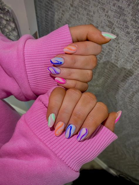 Colourful nails, festival nails, nail art, colourful nail art, almond nails, round nails, cute nail inspo, summer nails, autumn nails, line work design nails, none basic nail art design, cute nails, cute nail inspo, Simple Colorful Almond Nails, Festival Nails Simple, Colourful Holiday Nails, Holiday Nails Summer Almond Shape, Vibrant Nails Almond, Pretty Almond Nails Colour, Festival Nails Almond, Fun Crazy Nails, Nails Festival Summer