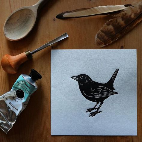 Emily Robertson on Instagram: "Little blackbird lino cut print Nothing new to share with you at the moment because I am busy with lots of other secret projects. But I’ve got lots of prints in stock at the moment too which is a lovely feeling, despite the fact that I’m running out of space for them all!" I Am Busy, Hand Printing, Out Of Space, Lino Cut, Nothing New, Wooden Spoon, Blackbird, Lino Print, Paper Paper