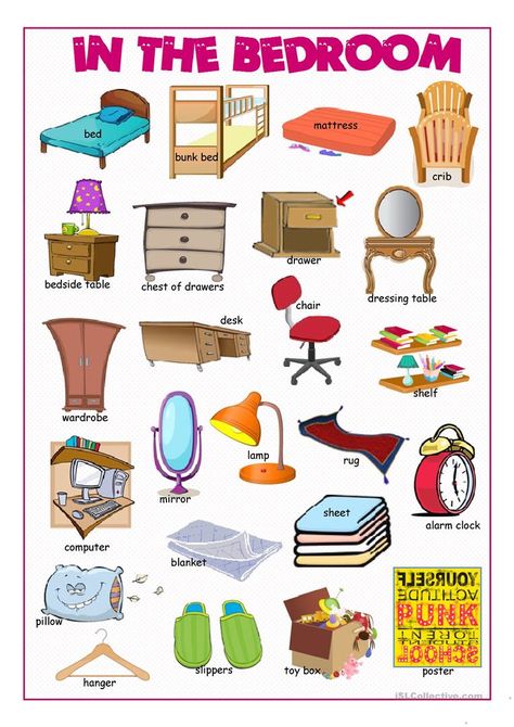 In the Bedroom Picture Dictionary - English ESL Worksheets for distance learning and physical classrooms Bedroom Vocabulary, Learning English For Kids, Picture Dictionary, Kids English, English Vocab, English Verbs, Learn English Grammar, English For Kids, English Language Teaching