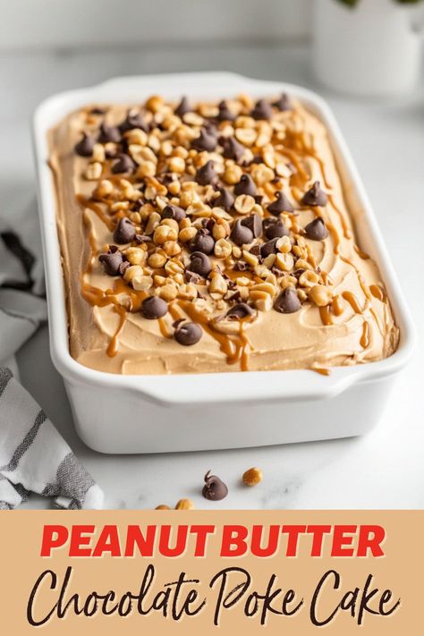 Peanut Butter Chocolate Poke Cake Peanut Butter Poke Cake Reeses, Peanut Butter Dump Cake, Chocolate Peanut Butter Poke Cake, Peanut Butter Poke Cake, Peanut Butter Cake Recipe, Peanut Butter Lasagna, Chocolate Poke Cake, Devils Food Cake Mix Recipe, Chocolate Peanut Butter Cake