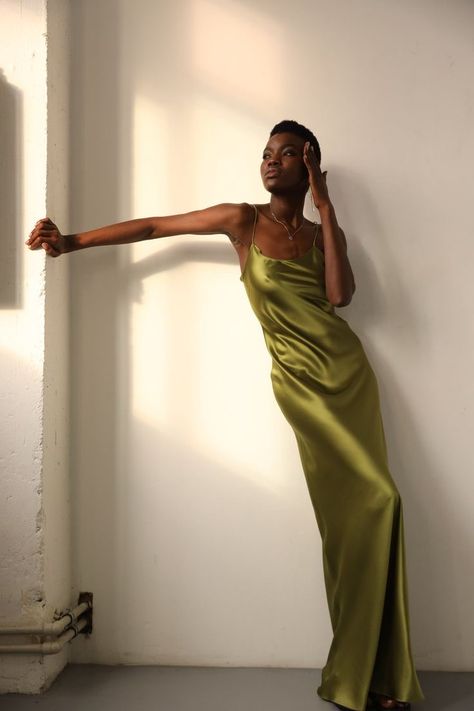 Fitted Olive Green Dress, Olive Slip Dress, Silk Olive Green Dress, Olive Green Clothing, Green Dress Black Woman, Olive Dress Outfit, Olive Silk Dress, Olive Satin Dress, Silk Dress Ideas