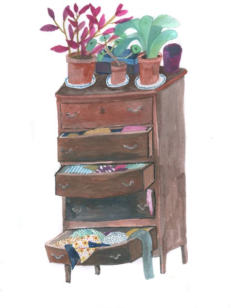 Dresser Illustration, Dresser Drawing, Drawer Illustration, Interiors Illustration, Laundry Art, Book Art Projects, Naive Illustration, Gouache Illustrations, Book Illustration Art