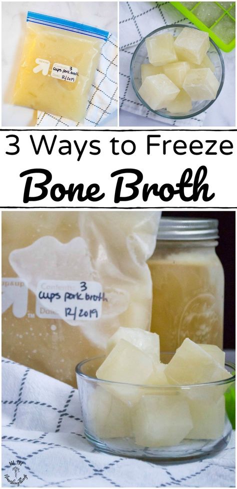 Save time and money and increase the nutrient density of your foods by keeping a supply of bone broth on hand at all times. Here are 3 ways to freeze bone broth, plus the pros and cons of each method so you can effectively choose the best way to freeze broth for you! #allthenourishingthings #bonebroth #freezermeals #freezercooking #mealprep #chickenbroth #beefbroth How To Freeze Bone Broth, Freeze Bone Broth, Freezing Broth, Freeze Broth, Real Food Meal Plan, Health Meals, Homemade Nut Butter, Freezing Food, Homemade Bone Broth