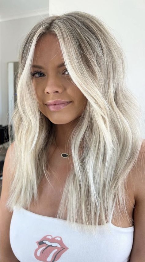 Fun Platinum Blonde Hair, Lowlights In Platinum Hair, White Blonde With Money Piece, Platinum Blonde Hair From Brown, Super Blonde With Dimension, Root Smudge Cool Blonde, Bright Blonde Hair Money Piece, Light Root Smudge Blonde, Lived In White Blonde