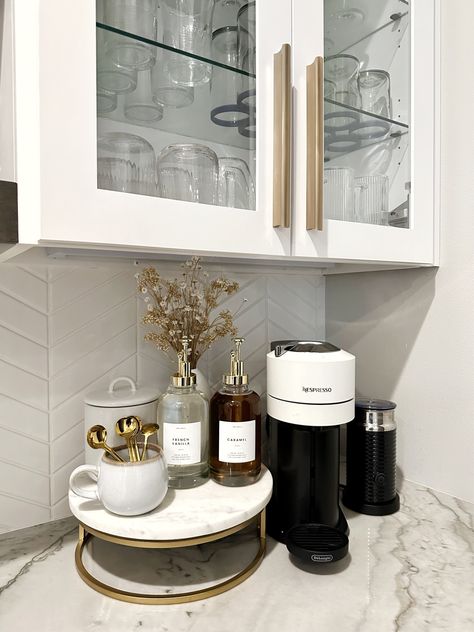 Nespresso Coffee Corner, White Coffee Bar Ideas, Nespresso Coffee Bar Ideas Modern, Nespresso And Keurig Station, Nespresso Bar Set Up, Nespresso Pod Storage Ideas, Keurig Coffee Station On Counter, Neutral Coffee Bar, Nespresso Coffee Station Ideas