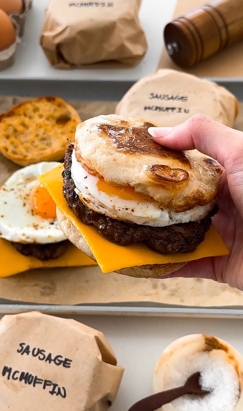 Freezer Breakfast Sandwiches | Moribyan Breakfast Sandwich Freezer, Sausage And Egg Mcmuffin, Freezer Breakfast Sandwiches, Beef Bacon, Freezer Breakfast, Breakfast Bites, Breakfast Sandwiches, Sandwich Bread, How To Make Breakfast