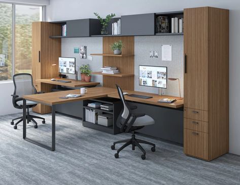 Two Desk Office Layout Small Spaces, Two Person Office Layout, Office For Two People Layout, Home Office For Two People, Shared Office Space Ideas, Shared Home Offices, Shared Home Office, Office Layouts, Office Room Design