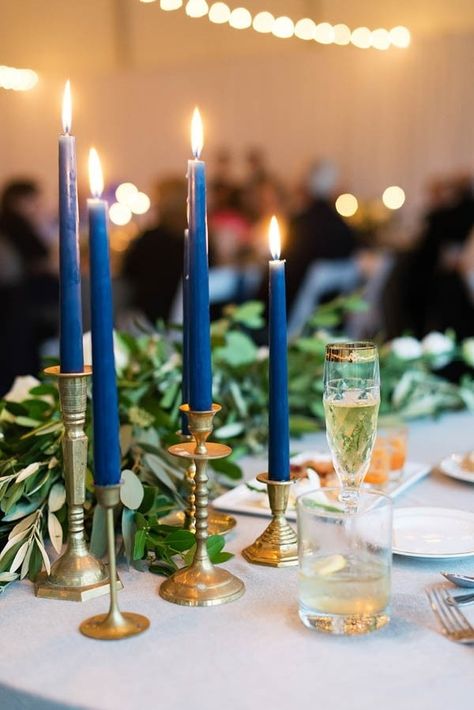 dark blue wedding inspiration | Wedding Inspiration Board | Junebug Weddings Navy Candles, Blue Taper Candles, Blue Centerpieces, Vintage Candlestick Holders, Rustic Wedding Decorations, Gold Candle Sticks, Centerpiece Table, Royal Blue Wedding, Royal Blue And Gold