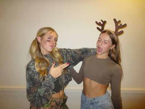 Deer And Hunter Costume Friends, Cute Friend Costumes Halloween Ideas, Hunter And Dear Costumes, Deer And Deer Hunter Costume, Deer For Halloween, Halloween Duo Costumes Aesthetic, Cute Deer Halloween Costumes, Hunter Deer Couple Costume, Hunter And Dear Costume