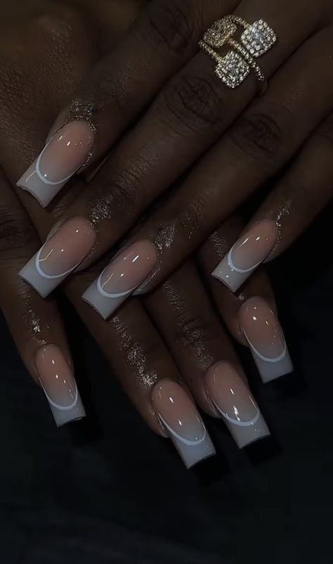 Grey Nails Inspo Aesthetic, Gray Nail Inspo Acrylic, Basic Baddie Nails Square, Medium Length Nails Acrylic Designs, Long Square French Tip Acrylic Nails, Short Grey Nails Ideas, Simple Christmas Nails Acrylic Square, Short Grey Acrylic Nails, Short Square Acrylic Nails Summer 2024