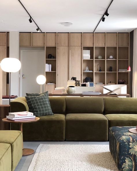 This stunning space is the livingroom and concept store at the new hotel @the_audo. The hotel is designed by @normarchitects and @menuworld… Residential Living Room Design, Interior Hotel, Hotel Living Room, Hotel Living, Living Room Design, Olive Color, Residential Interior, Built Ins, Decoration Table