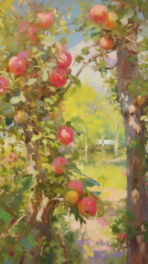 Apple Orchard Painting, Apple Tree Painting, Orchard Painting, Painting Pomegranate, Pomegranate Plant, Apple Trees, Tropical Tree, Awesome Designs, Apple Orchard