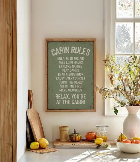 Retro "CABIN RULES" Sign in Seagrass Green, Natural and Neutral Green Wall Art for Calm Home Decor, Vintage Funny Ski House Rules Sign by JadeForestShop on Etsy Winter Lodge Decor, Retro Cabin, Cabin Rules, Lodge Wall Decor, Funny Ski, House Rules Sign, Calm Home, Neutral Green, Keyhole Hanger