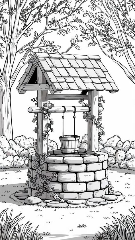 Garden Coloring Pages, Adult Coloring Books Printables, Detailed Coloring Pages, Adult Colouring Pages, Wood Burning Patterns, Wood Burning Art, Grayscale Coloring, Landscape Drawings, Art Drawings Sketches Creative