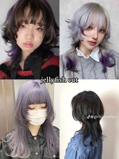 Jelly Fish Cut Long, Jellyfish Haircut Round Face, Jelly Fish Haircut Medium, Jellyfish Haircut Medium Length, Jellyfish Cut Curly Hair, Long Jellyfish Haircut, Jelly Fish Hair Cuts, Vocaloid Oc, Jellyfish Cut