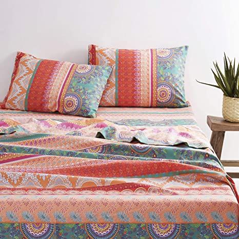 Wake In Cloud - Bohemian Sheet Set, Orange Coral Boho Chic Mandala Medallion Pattern Printed, Soft Microfiber Bedding (4pcs, Queen Size) Boho Bed Sheets, Twin Size Bed Sheets, Aesthetic Bedding, Boho Bed, Retro Bed, Microfiber Bed Sheets, Hippie Aesthetic, Luxury Bed Sheets, Boho Bedding