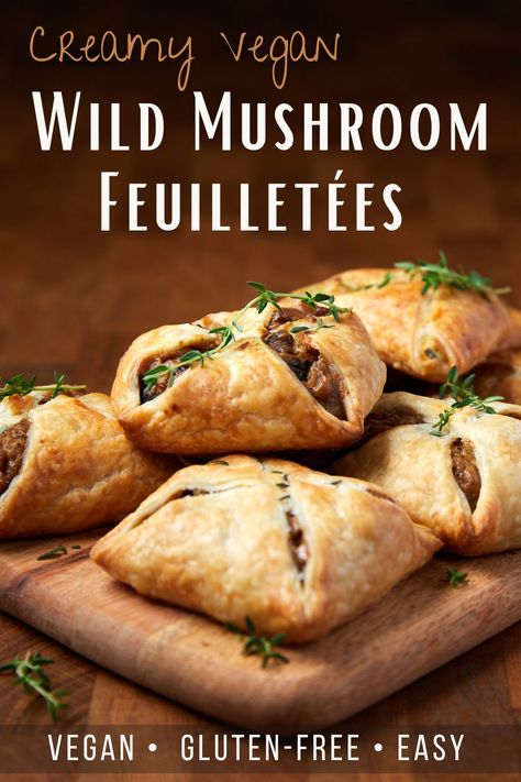 Pinterest graphic showing vegan wild mushroom feuilletees piled on a board. Wild Mushroom Pie, Vegetable Puff Pastry Recipes, Mushroom Fine Dining, Vegan Puff Pastry Appetizers, Vegan Christmas Dinner Ideas, Mushroom Puff Pastry Recipes, Vegan Puff Pastry Recipes Savory, Vegetarian Puff Pastry Recipes, Mushroom Tart Puff Pastry