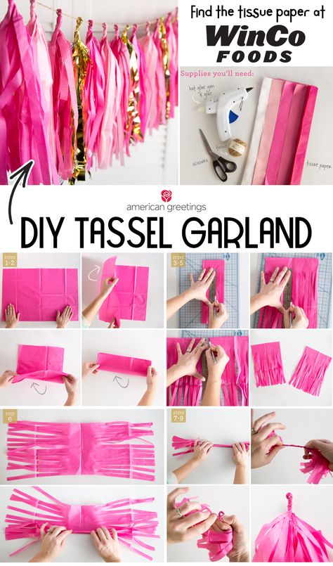 Tissue Tassel Garland Diy, Diy Fabric Party Decorations, Crepe Paper Garland Diy Party Streamers, Tissue Paper Streamers Diy, Tissue Paper Banner Tassels, Diy Tissue Paper Letters, Diy Tissue Paper Tassels, Tissue Garland Diy, Diy Paper Garland Backdrop