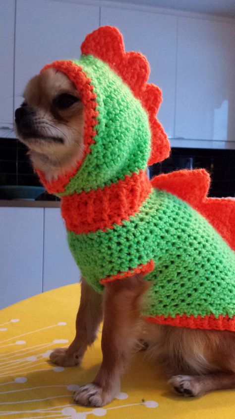 Dog Dragon Costume Crochet Pattern. Chihuahua Costumes, Crochet Dog Sweater Free Pattern, Crochet Dog Clothes, Dog Sweater Crochet Pattern, Crochet Costumes, Dog Sweater Pattern, Crochet Dog Patterns, Crochet Dog Sweater, Crochet Dinosaur