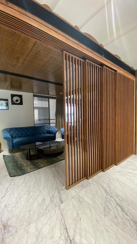 Instagram Wooden Sliding Partition Design, Wooden Sliding Partition, Slider Partition Design, Wooden Glass Partition Design, Glass And Wood Partition, Wood And Glass Partition, Sliding Partition Design Living Rooms, Slide Partition, Glass Sliding Partition