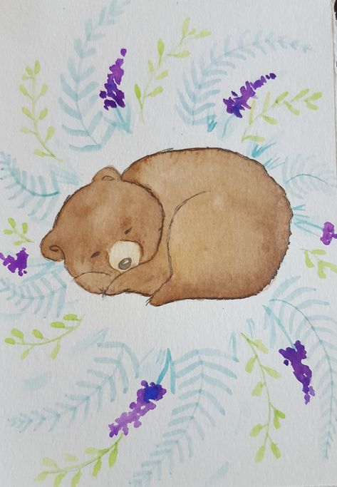 Watercolor baby bear. Sleeping bears are the cutest! Floral wreath. Sleepy Bear Drawing, Bear Laying Down Drawing, Sleeping Animal Drawing, Bear Sleeping Illustration, Bear Sleeping Drawing, Sleeping Bear Tattoo, Watercolor Bear Easy, Sleeping Bear Drawing, Bear Paintings Easy