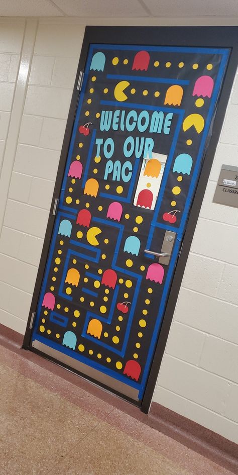 Student Work Bulletin Board Ideas Middle School, Video Game Theme Bulletin Board Ideas, Game Theme Classroom Doors, High School Class Decor Classroom Ideas, Level Up Door Decorations, Game On Door Decorations, Video Game Hallway Theme, Pacman Bulletin Board Ideas, Pacman Bulletin Board