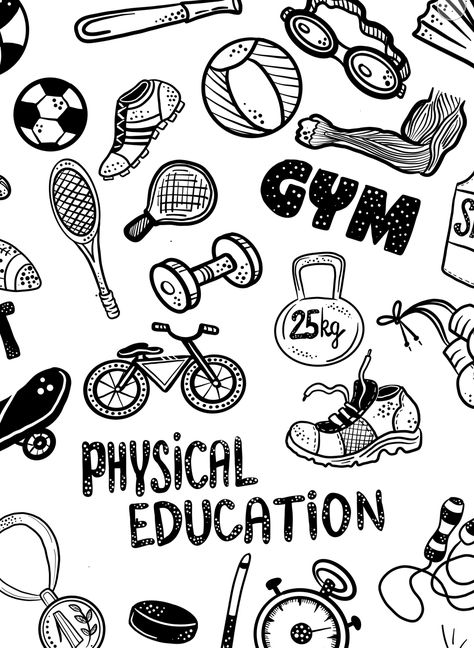 #graphic #sketch #liner #icons #school #science #physicaleducation #education #sport #gym #bike #power #health #vector #clipart #order #web #design #art #adobefresco #artwork #blackandwhite #monochrome Project File Cover Ideas Physical Education, Physical Education Drawing, Physical Education Front Page, Physical Education File Cover, Physical Education Aesthetic, Physical Education Design, Physical Education Project Cover Page, Gym Sketch, Subject Wallpaper