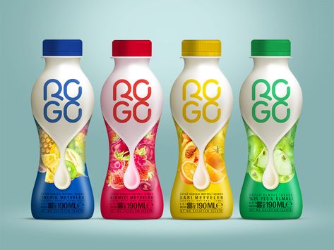 ROGO, Mixed fruit milk drink Yogurt Packaging, Juice Logo, Milk Brands, Drinks Packaging Design, Bottle Design Packaging, Juice Packaging, Coffee Mix, Drinks Brands, Drinks Logo