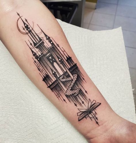 Castle Forearm Tattoo, Fantasy Castle Tattoo, Castlevania Castle Tattoo, Building Outline Tattoo, Castle Arm Tattoo, Draculas Castle Tattoo, Dracula Castle Tattoo, Simple Castle Tattoo, Castlevania Tattoo Ideas