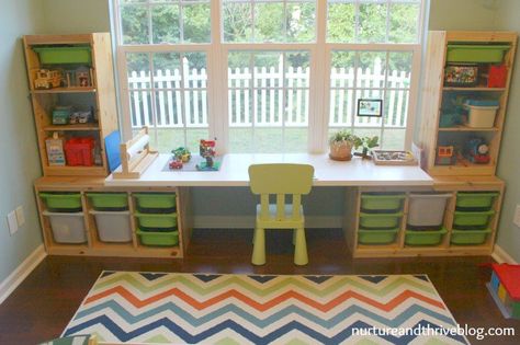 I love this desk/homework areas! Great tips on how to create a playroom that will grow with your child! Ikea hacks! Vertical Storage Ideas, Cubicle Storage, Linnmon Table Top, Creative Toy Storage, Ikea Trofast Storage, Trofast Ikea, Ikea Trofast, Desk Diy, Boys Playroom