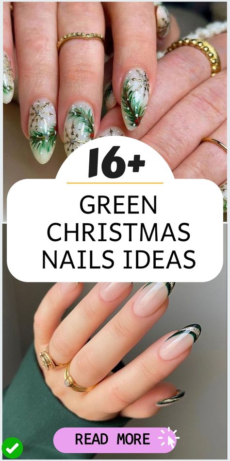 Embrace the festive season with stunning green Christmas nail designs that will give your manicure a touch of holiday cheer. From shimmering emerald green glitter to cute Christmas tree patterns and sophisticated mistletoe motifs, these nail art ideas are perfect for adding a festive vibe to your fingertips. Let your nails be a stylish nod to the magic of Christmas! Christmas Nails Light Green, Emerald Green Christmas Nails, Green And Gold Christmas Nails, Mistletoe Nails, Green Christmas Nail Designs, Nails Green Christmas, Green Christmas Nail Ideas, Green Christmas Nail, Christmas Tree Patterns