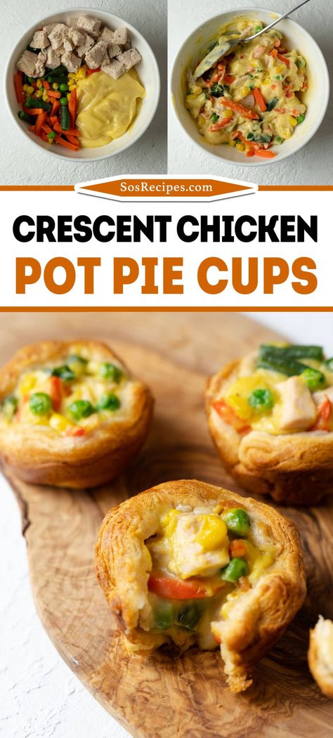 These mini chicken pot pies are incredibly simple to make with just 4 ingredients and can be ready in about 30 minutes. Pair them with a side salad for a quick and easy weeknight dinner! Crescent Chicken Pot Pie, Chicken Pot Pie Cups, Pot Pie Cups, Crescent Chicken, Pie Cups, Chicken Pot Pies, Mini Chicken Pot Pies, Pot Pies Recipes, Pot Pies