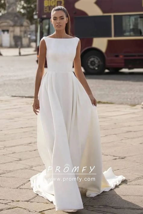 Boatneck Wedding Dress Open Backs, Summer Fall Wedding, Boat Neck Wedding Dress, Simple Boat, Simple Elegant Wedding Dress, Satin Mermaid Wedding Dress, Informal Wedding Dresses, Simple Wedding Gowns, Shower Dress