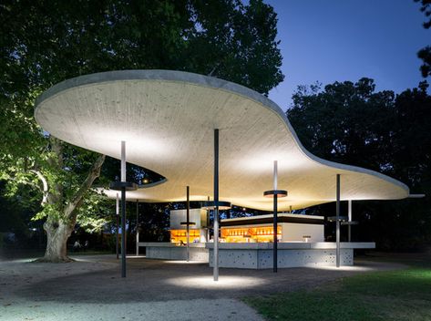 With a roof draped "like a leaf between trees", the "Wolke 7" (Cloud 7) structure nestles naturally into the historic park landscape. On the path between.. Hotel Canopy, Canopy Glass, Canopy Architecture, Wooden Canopy, Canopy Curtains, Canopy Bedroom, Backyard Canopy, Wedding Canopy, Garden Canopy