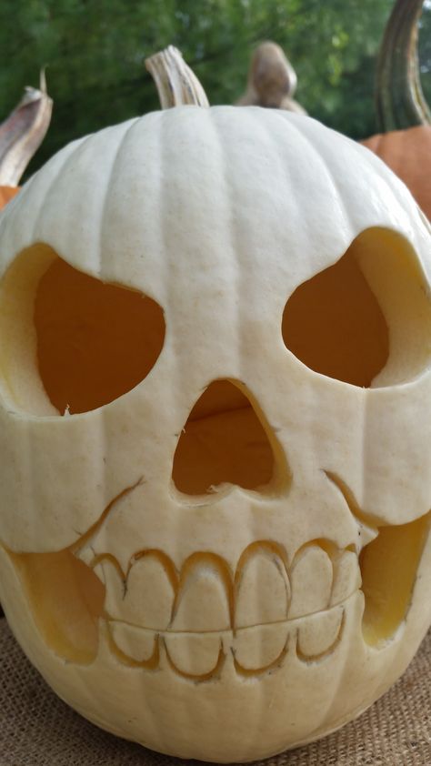 Carve White Pumpkins, Grey Pumpkin Carving Ideas, Skull Carved Pumpkin, White Pumpkin Carvings, White Pumpkin Design, Pumpkin Carving Ideas For White Pumpkins, Carved White Pumpkin, White Pumkin Carving, White Carved Pumpkins