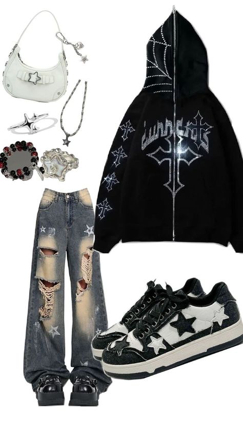 yk2 star outfit idea Kpop Grunge Outfits, Yk2 Style, Yk2 Outfits, 2000 Style, 2025 Style, Star Outfit, Punk Style Outfits, Aesthetic Fit, 2000 Fashion