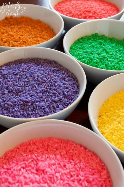 Colored Rice Dye Rice, Valentine Sensory, Easy Kid Activities, Rainbow Rice, Rice Box, Colored Rice, Sensory Boxes, Gel Food Coloring, Kids Sensory