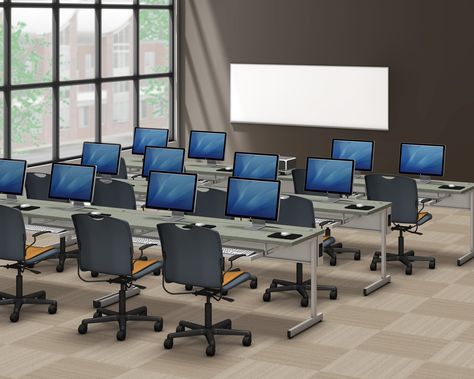 Education today requires technology, so the New Medley Series of computer tables features three wire-management solutions for students and teachers---the CCFL, CCFL-W and CCFL-FT computer tables. Container School, Computer Classroom, Computer Tables, Auditorium Design, Classroom Interior, Training Room, Classroom Tables, Conference Meeting, Student Room