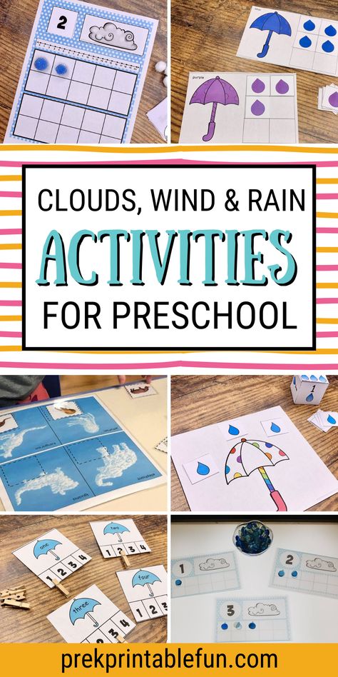 Cloud Math Activities Preschool, Weather Themed Math Activities, Clouds For Preschool, Preschool Wind Activities, Weather Math Activities Preschool, Rain Preschool Activities, Wind Activities For Preschool, Rain Preschool, Rhyming Activities Preschool