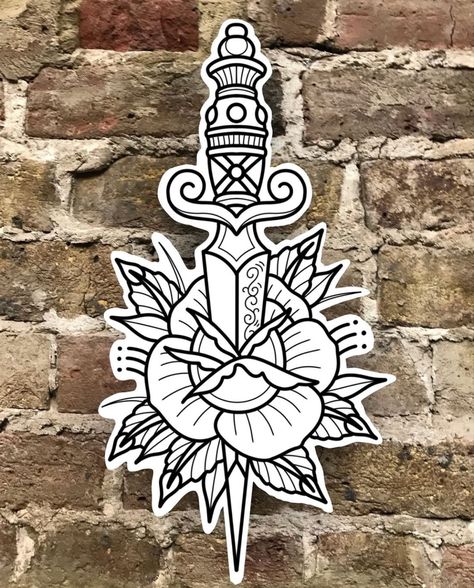 Traditional Dagger Tattoo, Traditional Tattoo Outline, Traditional Tattoo Stencils, Traditional Tattoo Drawings, Sam King, Shin Tattoo, Traditional Tattoo Flowers, On Tattoo, Tattoo Flowers