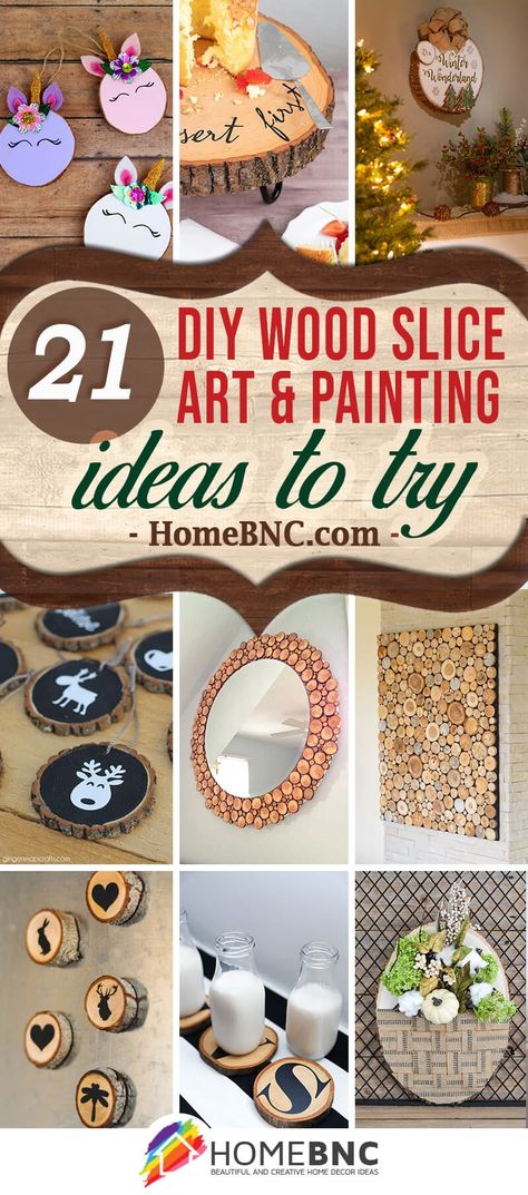 Best DIY Wood Slice Art and Wood Painting Ideas Diy Crafts With Wood Slices, Wood Log Slices Ideas, Wood Slice Wood Burning Ideas, Wooden Tree Slices Ideas, Wood Slice Gift Ideas, Slice Of Wood Ideas, Wood Slice Projects Diy, Small Wooden Circle Crafts Diy, Small Wood Circle Crafts Diy