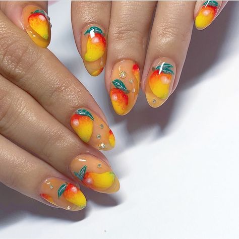 Mango Nail Art, Mango Nails Design, Fruit Slice Nails, Fruit Acrylic Nails, Thailand Nails, Mango Nails, Mango Slices, Mail Inspo, Fruit Nail Designs