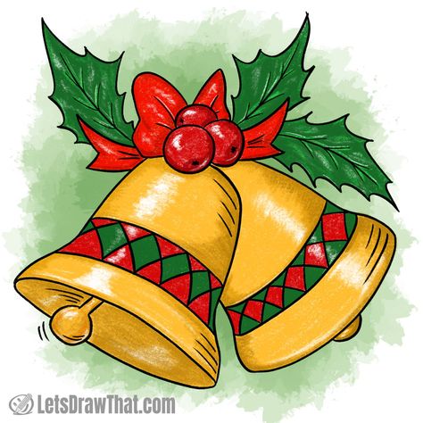 Two golden bells decorated for Christmas with a bow and holly leaves Bells Drawing Christmas, Drawing Related To Christmas, Christmas Jingle Bells Painting, Christmas Crafts Bells, New Year Drawings Ideas, Christmas Leaves Drawing, Christmas Idea Drawing, Bells For Christmas Decoration, Christmas Theme Drawings