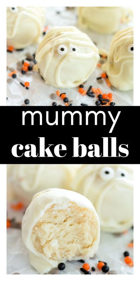 Mummy Cake Balls are an adorable Halloween dessert that is super easy to make and so fun for the kids to help! They are made with a box cake mix, cream cheese, almond bark, and candy eyes. Mummy Cake Balls, Halloween Cake Balls Ideas, Halloween Cake Balls Easy, Monster Cake Balls, Mummy Cake Pops, Cake Balls Halloween, Easy Cake Balls Recipe, Cake Balls Recipe Easy, Vanilla Cake Balls