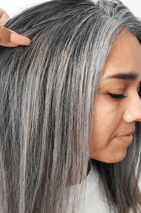 grey blending, dark hairstyles, chic hairstyles Salt And Pepper Hair With Lowlights, Highlights In Gray Hair, Grey Blending For Dark Hair, Heavy Lowlights, Silver Hair Dark Roots, Grey Hair Asian, Blended Grey Hair Highlights, Highlights For Grey Hair Going Gray, Grey Blending Brunette