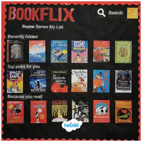 'Bookflix' 📚 This Netflix inspired reading display is a great way to get children excited about a range of different books and encourage them to be more adventurous! Create your own themed book corner with Twinkl's range of display packs, including our popular Book Barista Pack - click to download. #books #reading #readingdisplay #readingcorner #bookflix #netflix #classroomideas #classroominspiration #classroom #backtoschool #teachingideas #teachingresources #teacher #twinkl #twinklresources Book Corner Classroom Ks2, Reading Corner Classroom Ks2, Bookflix Classroom Display, Reading Display Ks2, Bookflix Display, New Books Display, School Library Themes, Book Corner Classroom, Book Corner Display