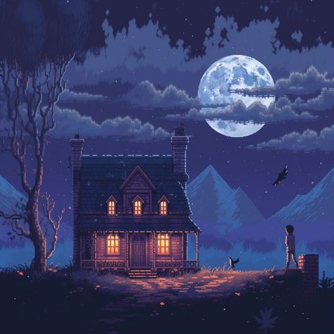 Pixel Art: Haunted House Pixel Art Landscape, Dark Castle, Dark House, Video Game Design, Pixel Art Characters, Tech Art, Pixel Art Games, Retro Horror, Pixel Games