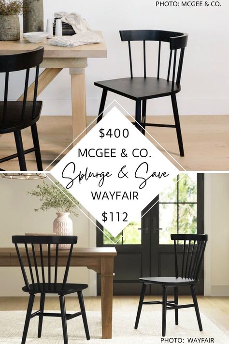 If you're looking for black spindle dining chairs, look no further! I found a McGee and Co. Reeves chair dupe that will give you the Studio McGee look for less. #copycat #inspo #decor #kitchen #diningroom #windsor Black Spindle Dining Chair, Black Windsor Chairs And Farm Table, Kitchen Chair Ideas, Black Wood Dining Chairs, Apolstered Chairs, Studio Mcgee Dining, Modern Traditional Dining, Rustic Dining Room Chairs, Modern Traditional Dining Room